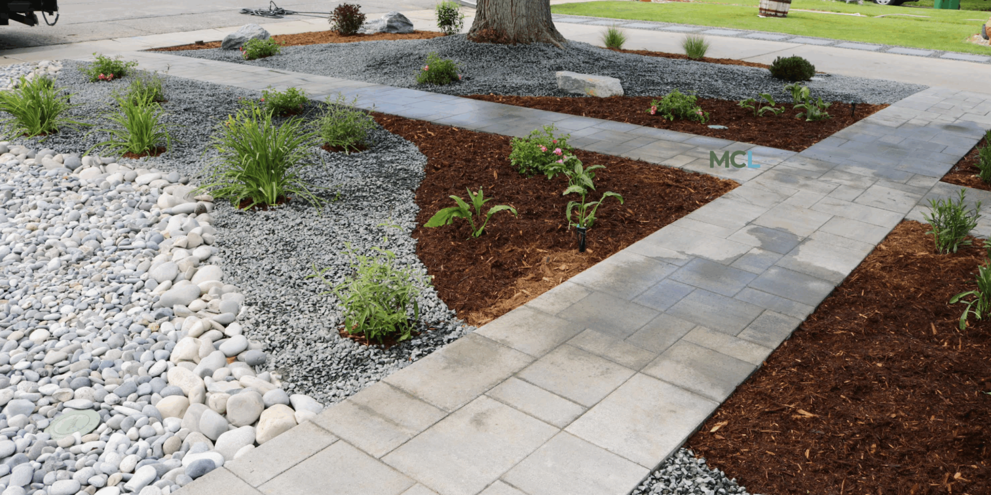 xeriscape and stone walkway